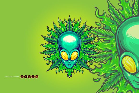 Alien Head with Weed Leaf Illustrations: Graphics for Local Branding