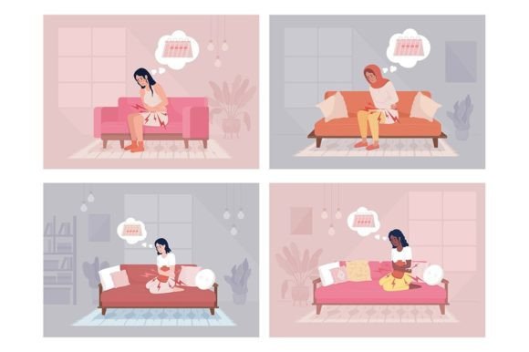 Dysmenorrhea Color Vector Illustrations for Graphics